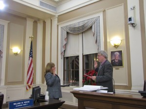 aving submitted her resignation as Ward 1 School Committee Member and been unanimously elected by the Board of Alderman to finish the unexpired term of Ward 1 Alderman William Roche, Maureen Bastardi, takes the oath of office administered by City Clerk John Long.