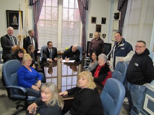 (L-R, starting with mayor):  Mayor Curtatone; Ed Halloran, DPW, SMEA President; Ed DaSilva, Information Technology; Teresa Vicente, Information Technology; Kathy Carey, Veteran’s Services; Michael Bowler, DPW; Jim Roderick, DPW, SMEA Vice President; Donna Amenta, Traffic and Parking; Linda Smith, Traffic and Parking; Kelly Como, ISD; Bill Roche, Acting Director of Personnel; Ann Cassesso, Library; Bob Collins, Law Department.