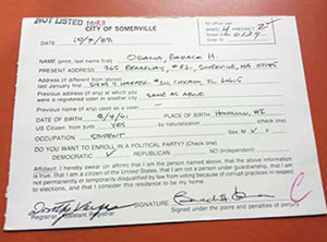 Bearing his signature is the original voter registration card of Barack Obama on file at Somerville City Hall. © 2013 Clennon L. King 