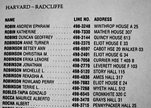 A student directory lists Michelle L. Robinson’s campus address during her last year at Harvard Law School ©2013 Clennon L. King