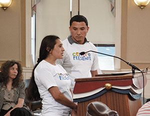 Representatives from Centro Presente and others made their grievances known to members of the Somerville Board of Alderman regarding alleged “wage theft” practices by local employers.~Photo by Linjing Cheng 